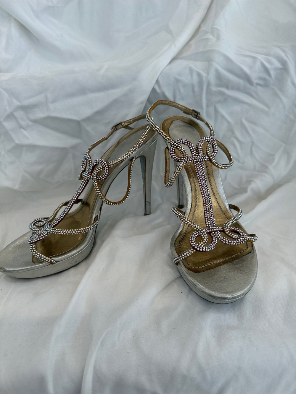 Rene Caovilla Silver Crystal T-Strap High Heel Sandals